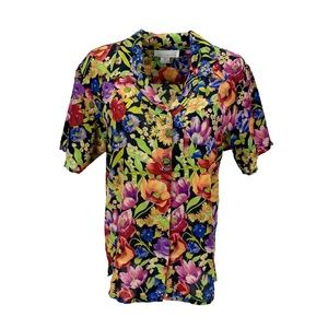 EUC The Limited Vintage 80s 100% Silk Black Floral Print Short Sleeve Blouse L